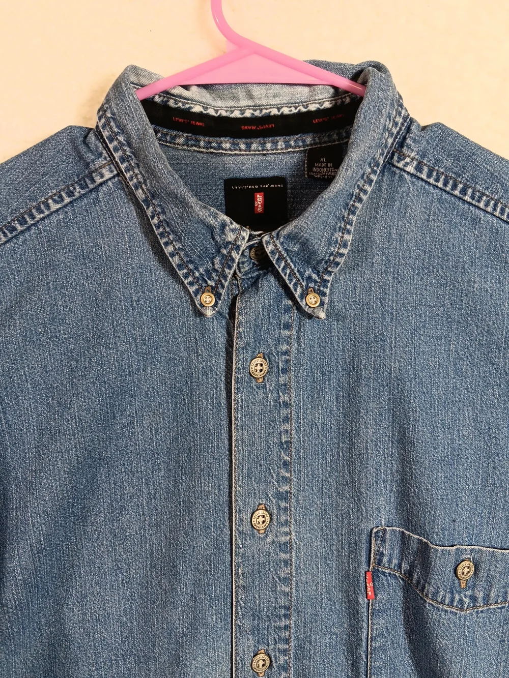 Vintage 90s Levis Shirt Mens XL Blue Denim Red Tap Metal Button Oversized Work